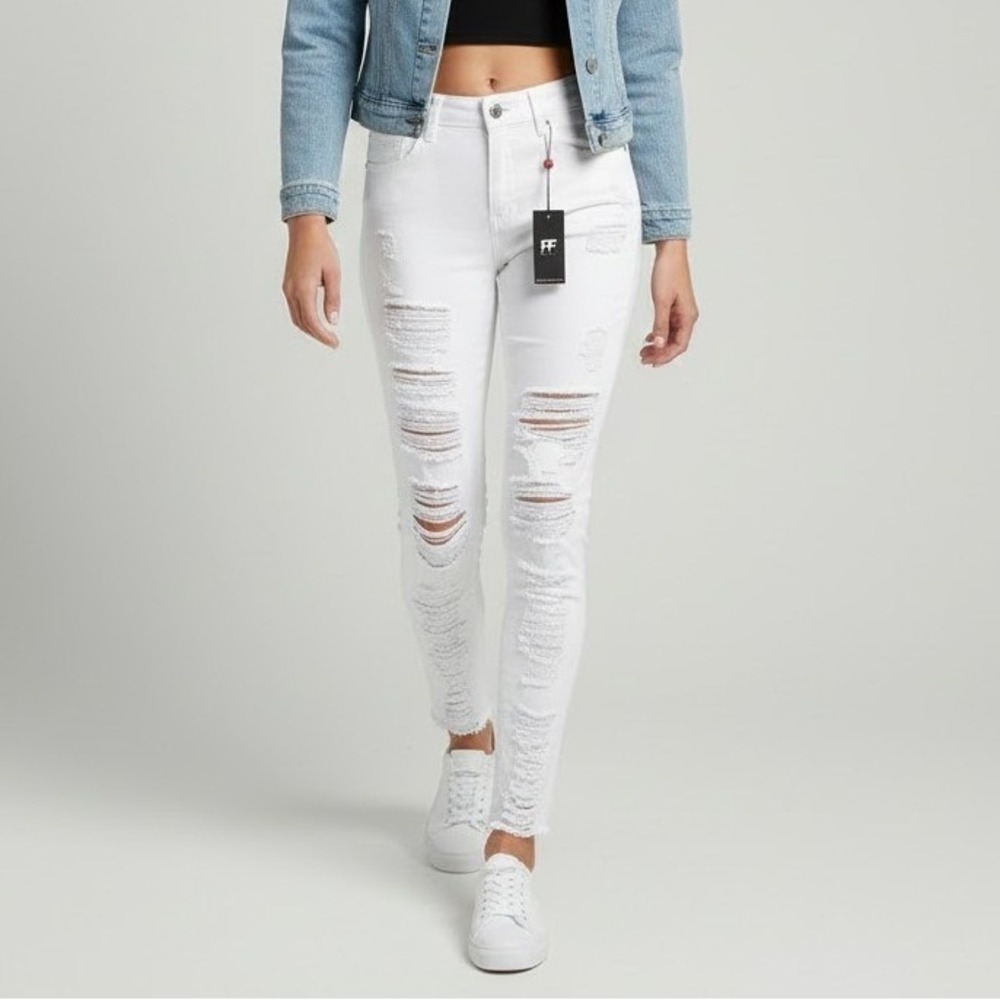 RED FOX JEANS White Ripped Distressed High‎ Waisted Skinny Jeans Womens Size M